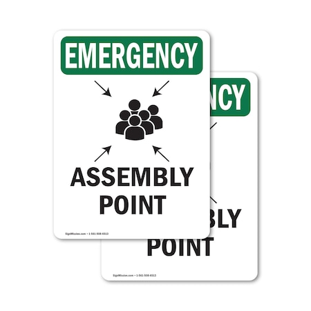Signmission Assembly Point With Symbol, 7 in W x Rectangle, Vinyl Decal OS-2PACK-EM-D-710-V-10428